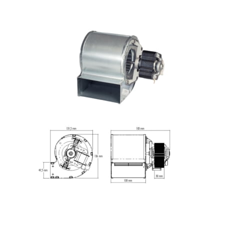 Ventilateur centrifuge Trial - Code CAD07B022 - Moteur externe DX Ventilateur ø 76 mm - Longueur totale 183 mm - Hauteur totale 136 mm - Profondeur totale 132 mm