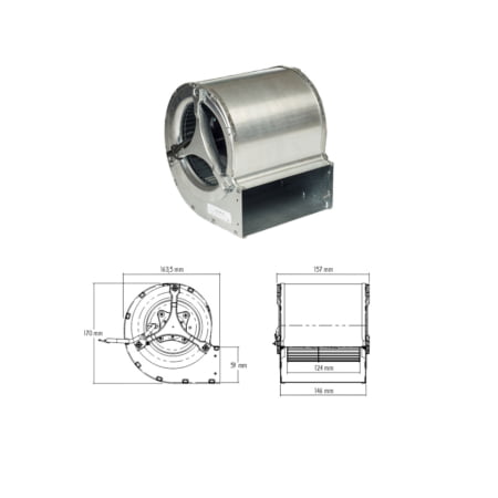 Ventilateur centrifuge Trial - Code CAD12R016 - Double aspiration - Ventilateur ø 120 mm - Longueur hors tout -156 mm - Hauteur hors tout 170 mm - Profondeur hors tout 163 mm