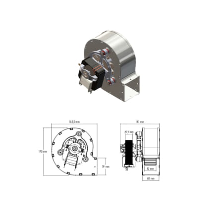 Ventilatore centrifugo Trial – Codice CAH12Y4-004 – Motore esterno SX – Ventola ø 120 mm – Ingombro lunghezza 141 mm – Ingombro altezza 170 mm – Ingombro profondità 163 mm