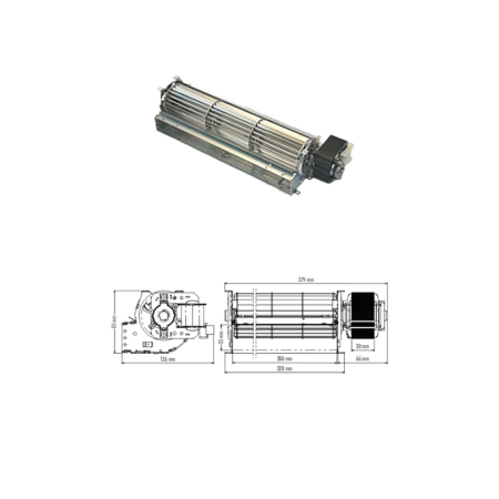 Ventilateur tangentiel Code d'essai TAS30B-024-D6 - Longueur du ventilateur 302 mm - Longueur totale 379 mm