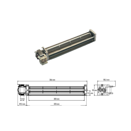 Ventilatore tangenziale Trial Codice THS30B3-002KK-S7 - Lunghezza ventola 303 mm - Lunghezza totale 366 mm